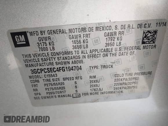 2015 Chevrolet Silverado 1500 LTZ with VIN 3GCPCSEC4FG194704, listed as a IAAI auction lot 42696181 with 152,856 mi miles and . Bid and sale history available at DreamBid. Image 9.
