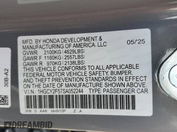 2025 Honda Accord Sport z VIN 1HGCY2F57SA052244, wystawiony jako Copart lot #69979835 z przebiegiem 1 391 mil mil oraz Szkoda całkowita • Salvage title. Historia ofert i sprzedaży dostępna na DreamBid. Obrazek 13.