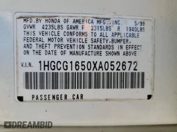 1999 Honda Accord EX with VIN 1HGCG1650XA052672, listed as a Copart auction lot 48684895 with 77,694 mi miles and Salvage title. Bid and sale history available at DreamBid. Image 12.