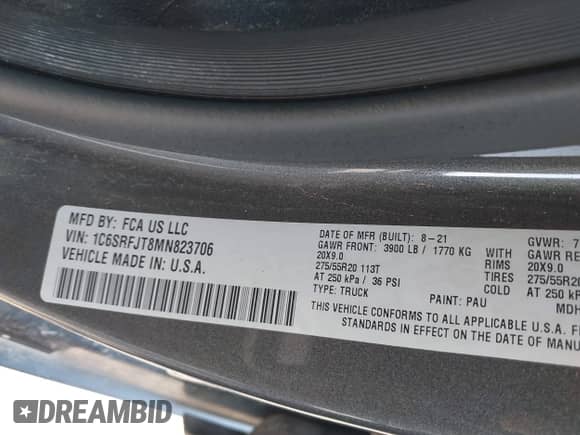 2021 Ram 1500 Laramie z VIN 1C6SRFJT8MN823706, wystawiony jako IAAI lot #42841468 z przebiegiem 140 702 mil mil oraz . Historia ofert i sprzedaży dostępna na DreamBid. Obrazek 9.