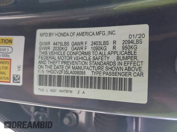 2020 Honda Accord Sport с VIN 1HGCV2F35LA006095, выставлен на аукционе IAAI как лот 42584513 с пробегом 63 507 миль миль и . История ставок и продаж доступна на DreamBid. Изображение 9.