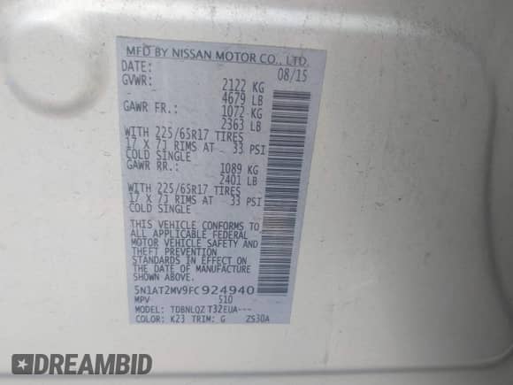 2015 Nissan Rogue SL с VIN 5N1AT2MV9FC924940, выставлен на аукционе IAAI как лот 43010765 с пробегом 133 956 миль миль и . История ставок и продаж доступна на DreamBid. Изображение 9.