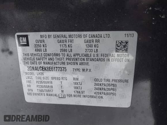 2014 Chevrolet Equinox LT with VIN 2GNALCEK8E6177375, listed as a IAAI auction lot 41364951 with 112,388 mi miles and . Bid and sale history available at DreamBid. Image 9.