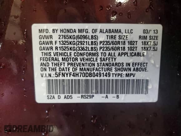 2013 Honda Pilot EX-L with VIN 5FNYF4H70DB049149, listed as a Copart auction lot 64974505 with 188,345 mi miles and Salvage title. Bid and sale history available at DreamBid. Image 13.