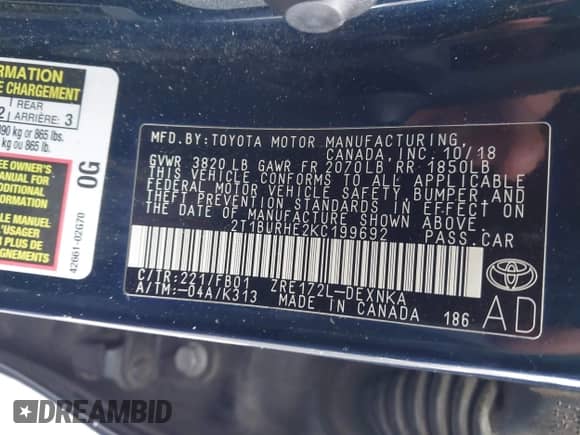 2019 Toyota Corolla LE z VIN 2T1BURHE2KC199692, wystawiony jako IAAI lot #42916976 z przebiegiem 131 862 mil mil oraz . Historia ofert i sprzedaży dostępna na DreamBid. Obrazek 9.