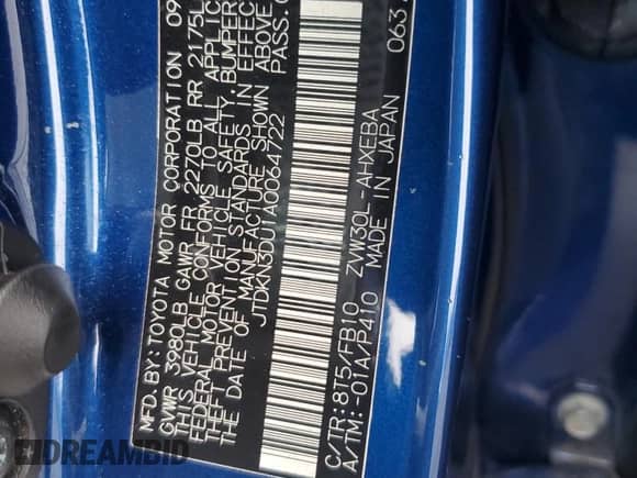 2010 Toyota Prius III with VIN JTDKN3DU1A0064722, listed as a Copart auction lot 85942395 with 216,878 mi miles and Salvage title. Bid and sale history available at DreamBid. Image 12.