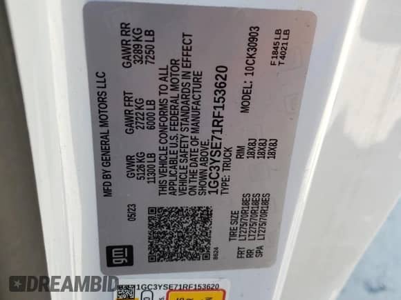 2024 Chevrolet Silverado 3500HD Work Truck с VIN 1GC3YSE71RF153620, выставлен на аукционе Copart как лот 71421264 с пробегом 14 166 миль миль и Списание • Salvage title. История ставок и продаж доступна на DreamBid. Изображение 13.