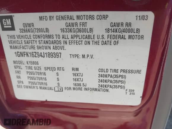 2004 Chevrolet Suburban LT с VIN 1GNFK16Z94J189397, выставлен на аукционе IAAI как лот 42823552 с пробегом 223 812 миль миль и . История ставок и продаж доступна на DreamBid. Изображение 9.