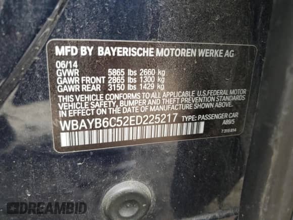 2014 BMW 7 Series 750i xDrive with VIN WBAYB6C52ED225217, listed as a Copart auction lot 46104815 with 155,822 mi miles and Clean title. Bid and sale history available at DreamBid. Image 12.