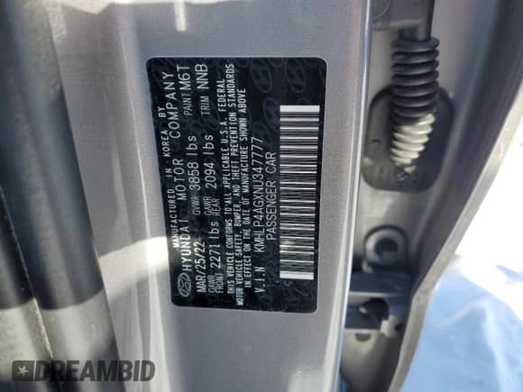 2022 Hyundai Elantra Limited with VIN KMHLP4AGXNU347777, listed as a Copart auction lot 44821895 with 39,516 mi miles and Salvage title. Bid and sale history available at DreamBid. Image 14.