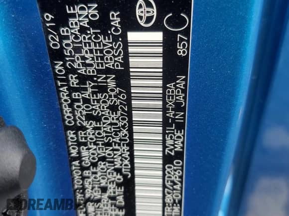 2019 Toyota Prius L Eco с VIN JTDKARFU3K3072767, выставлен на аукционе Copart как лот 82505105 с пробегом 45 311 миль миль и Списание • Salvage title. История ставок и продаж доступна на DreamBid. Изображение 12.