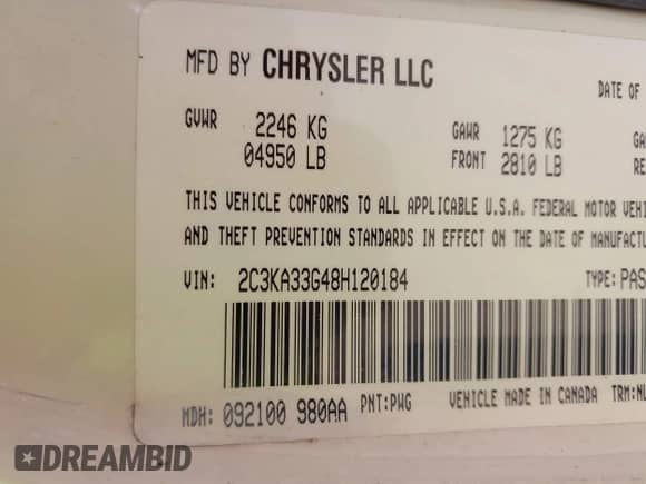 2008 Chrysler 300 Limited with VIN 2C3KA33G48H120184, listed as a IAAI auction lot 42624646 with 196,981 mi miles and . Bid and sale history available at DreamBid. Image 9.