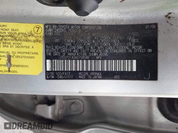 2006 Toyota Highlander w/3rd Row with VIN JTEEP21A260158588, listed as a IAAI auction lot 43535531 with 179,647 mi miles and . Bid and sale history available at DreamBid. Image 9.