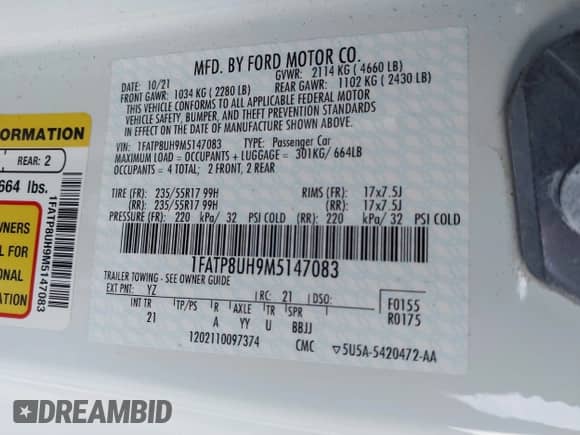 2021 Ford Mustang EcoBoost с VIN 1FATP8UH9M5147083, выставлен на аукционе IAAI как лот 41640618 с пробегом 12 290 миль миль и . История ставок и продаж доступна на DreamBid. Изображение 9.