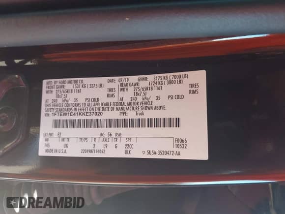 2019 Ford F-150 XLT с VIN 1FTEW1E41KKE37020, выставлен на аукционе IAAI как лот 43282583 с пробегом 152 768 миль миль и . История ставок и продаж доступна на DreamBid. Изображение 9.