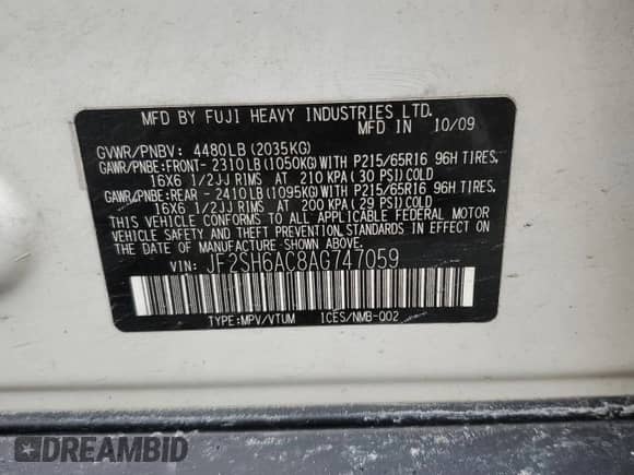 2010 Subaru Forester X z VIN JF2SH6AC8AG747059, wystawiony jako Copart lot #55930825 z przebiegiem 166 791 mil mil oraz Szkoda całkowita • Salvage title. Historia ofert i sprzedaży dostępna na DreamBid. Obrazek 14.