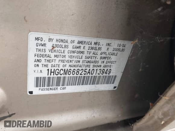 2005 Honda Accord EX-L with VIN 1HGCM66825A013949, listed as a IAAI auction lot 43340972 with Not provided miles and . Bid and sale history available at DreamBid. Image 9.