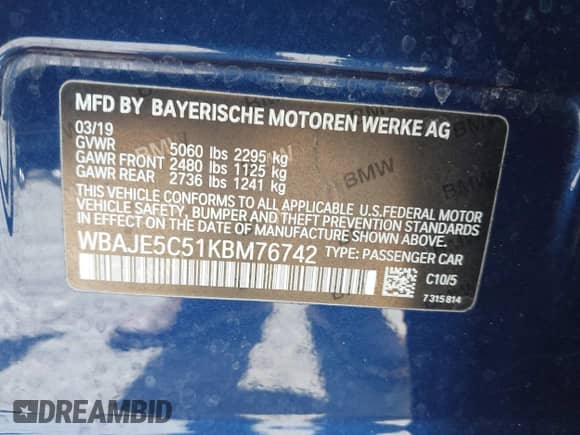 2019 BMW 5 Series 540i with VIN WBAJE5C51KBM76742, listed as a IAAI auction lot 42656465 with 54,600 mi miles and . Bid and sale history available at DreamBid. Image 9.