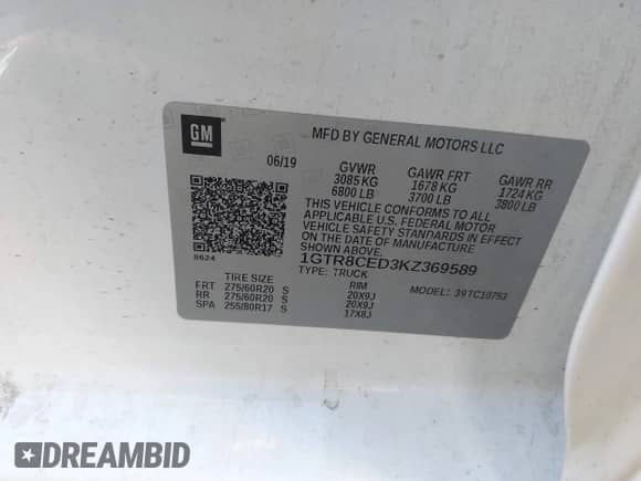 2019 GMC Sierra 1500 Elevation with VIN 1GTR8CED3KZ369589, listed as a IAAI auction lot 43316907 with 191,544 mi miles and . Bid and sale history available at DreamBid. Image 9.