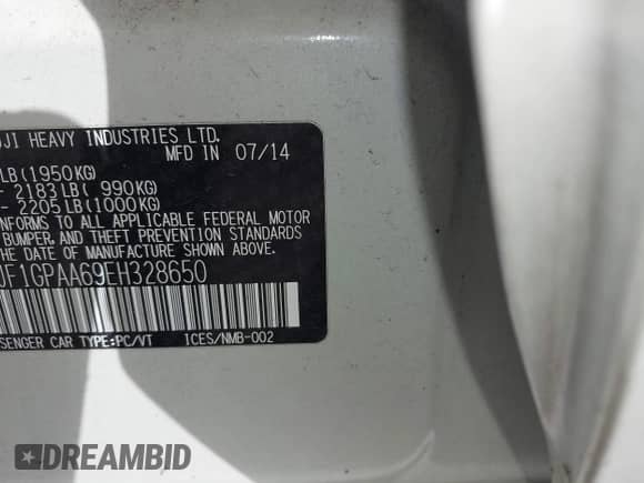 2014 Subaru Impreza 2.0i with VIN JF1GPAA69EH328650, listed as a IAAI auction lot 42656811 with 121,175 mi miles and . Bid and sale history available at DreamBid. Image 9.