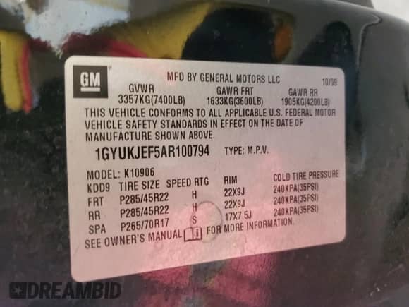 2010 Cadillac Escalade ESV Premium with VIN 1GYUKJEF5AR100794, listed as a Copart auction lot 61217194 with Not provided miles and Salvage title. Bid and sale history available at DreamBid. Image 16.