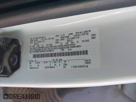 2020 Ford F-150 XL with VIN 1FTEW1EP9LFA16814, listed as a IAAI auction lot 43384974 with 215,909 mi miles and . Bid and sale history available at DreamBid. Image 9.