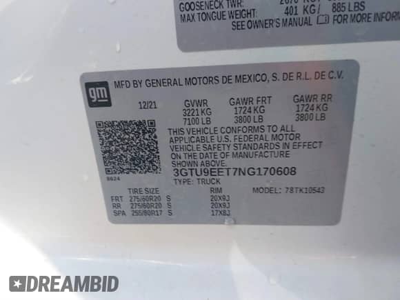 2022 GMC Sierra 1500 AT4 z VIN 3GTU9EET7NG170608, wystawiony jako IAAI lot #40787896 z przebiegiem 110 978 mil mil oraz . Historia ofert i sprzedaży dostępna na DreamBid. Obrazek 9.