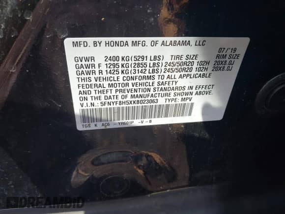 2019 Honda Passport EX-L с VIN 5FNYF8H5XKB023063, выставлен на аукционе IAAI как лот 42897657 с пробегом 49 504 миль миль и . История ставок и продаж доступна на DreamBid. Изображение 9.