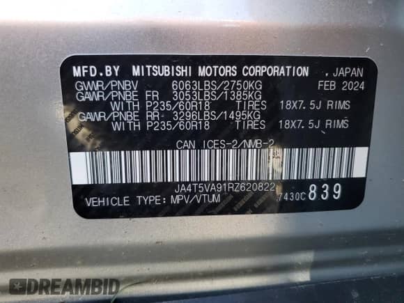 2024 Mitsubishi Outlander SE with VIN JA4T5VA91RZ620822, listed as a Copart auction lot 80783595 with 17,301 mi miles and Salvage title. Bid and sale history available at DreamBid. Image 12.