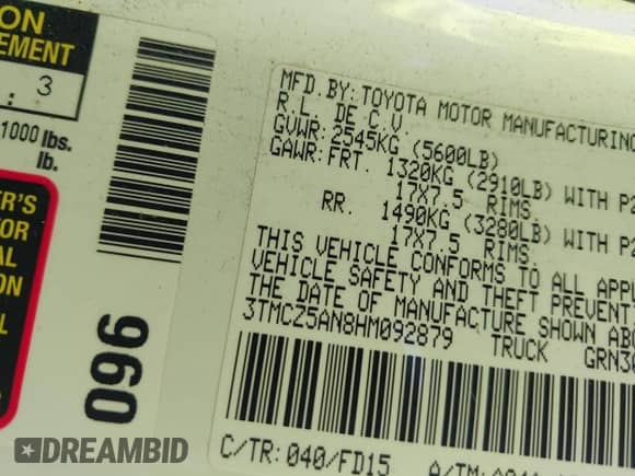 2017 Toyota Tacoma SR5 с VIN 3TMCZ5AN8HM092879, выставлен на аукционе IAAI как лот 43062130 с пробегом 88 083 миль миль и . История ставок и продаж доступна на DreamBid. Изображение 9.