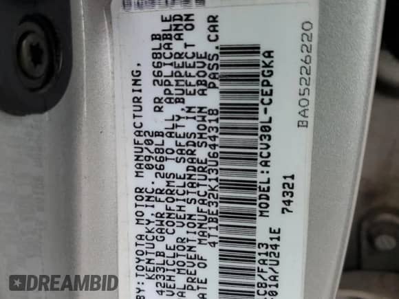 2003 Toyota Camry XLE with VIN 4T1BE32K13U644318, listed as a Copart auction lot 85323155 with 176,083 mi miles and Salvage title. Bid and sale history available at DreamBid. Image 12.