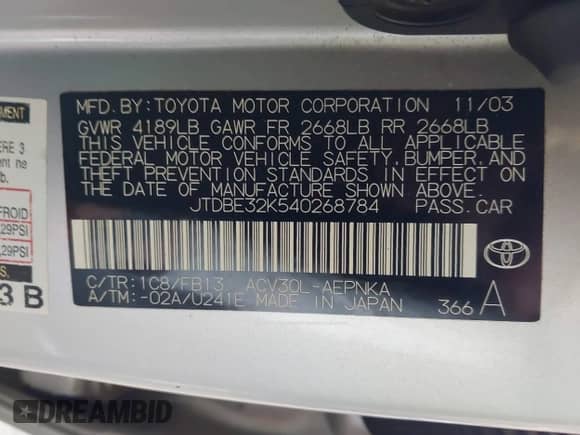 2004 Toyota Camry LE with VIN JTDBE32K540268784, listed as a IAAI auction lot 42420863 with 186,991 mi miles and . Bid and sale history available at DreamBid. Image 9.