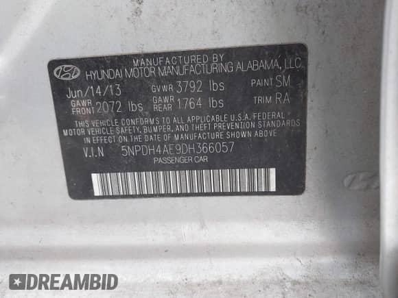 2013 Hyundai Elantra Limited with VIN 5NPDH4AE9DH366057, listed as a IAAI auction lot 43537305 with 198,755 mi miles and . Bid and sale history available at DreamBid. Image 9.