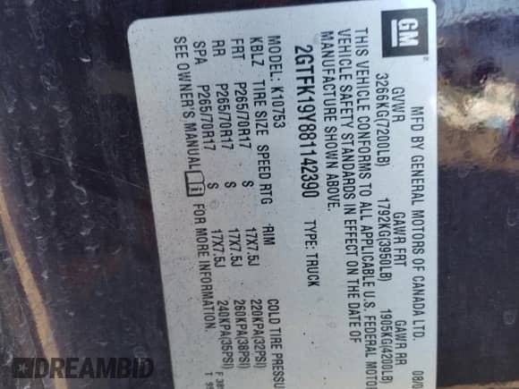 2008 GMC Sierra 1500 z VIN 2GTFK19Y881142390, wystawiony jako Copart lot #89091085 z przebiegiem 238 308 mil mil oraz Szkoda całkowita • Salvage title. Historia ofert i sprzedaży dostępna na DreamBid. Obrazek 12.