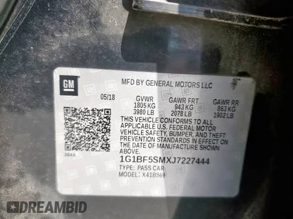 2018 Chevrolet Cruze Premier z VIN 1G1BF5SMXJ7227444, wystawiony jako Copart lot #70840385 z przebiegiem 169 481 mil mil oraz Szkoda całkowita • Salvage title. Historia ofert i sprzedaży dostępna na DreamBid. Obrazek 13.