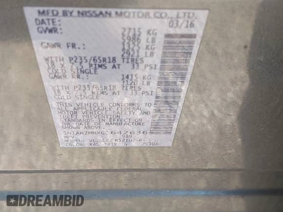 2016 Nissan Pathfinder Platinum with VIN 5N1AR2MMXGC642636, listed as a IAAI auction lot 41708048 with 245,320 mi miles and . Bid and sale history available at DreamBid. Image 9.