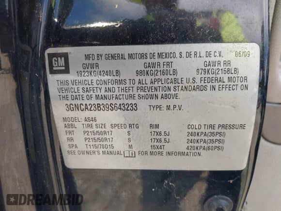 2009 Chevrolet HHR 1LT с VIN 3GNCA23B39S643233, выставлен на аукционе IAAI как лот 43264714 с пробегом 214 243 миль миль и . История ставок и продаж доступна на DreamBid. Изображение 9.