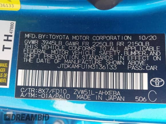 2021 Toyota Prius L Eco with VIN JTDKAMFU1M3136133, listed as a IAAI auction lot 43285926 with 49,911 mi miles and . Bid and sale history available at DreamBid. Image 9.