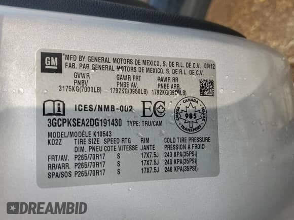 2013 Chevrolet Silverado 1500 LT with VIN 3GCPKSEA2DG191430, listed as a Copart auction lot 59008925 with 177,126 mi miles and Clean title. Bid and sale history available at DreamBid. Image 12.