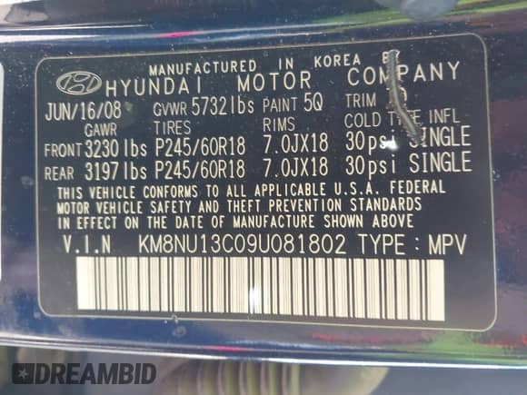 2009 Hyundai Veracruz Limited с VIN KM8NU13C09U081802, выставлен на аукционе IAAI как лот 43149673 с пробегом 191 053 миль миль и . История ставок и продаж доступна на DreamBid. Изображение 9.