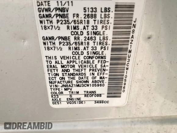 2012 Nissan Murano S с VIN JN8AZ1MU3CW105960, выставлен на аукционе Copart как лот 56672295 с пробегом 155 628 миль миль и Списание • Salvage title. История ставок и продаж доступна на DreamBid. Изображение 13.