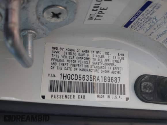 1994 Honda Accord LX с VIN 1HGCD5635RA189687, выставлен на аукционе IAAI как лот 42421010 с пробегом 155 010 миль миль и . История ставок и продаж доступна на DreamBid. Изображение 9.