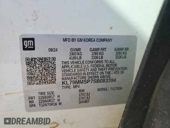 2025 Chevrolet TrailBlazer LS с VIN KL79MMSP7SB083394, выставлен на аукционе Copart как лот 80487185 с пробегом Не указан миль и Списание • Salvage title. История ставок и продаж доступна на DreamBid. Изображение 13.
