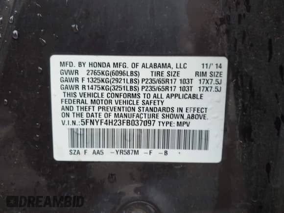 2015 Honda Pilot LX z VIN 5FNYF4H23FB037097, wystawiony jako IAAI lot #43488162 z przebiegiem 191 258 mil mil oraz . Historia ofert i sprzedaży dostępna na DreamBid. Obrazek 9.