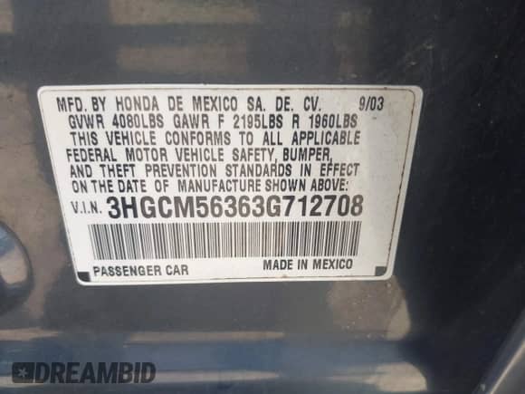 2003 Honda Accord LX with VIN 3HGCM56363G712708, listed as a IAAI auction lot 42699956 with 186,060 mi miles and . Bid and sale history available at DreamBid. Image 9.