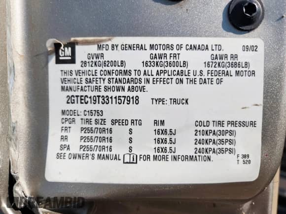 2003 GMC Sierra 1500 SLE with VIN 2GTEC19T331157918, listed as a Copart auction lot 68437155 with 130,152 mi miles and Salvage title. Bid and sale history available at DreamBid. Image 12.
