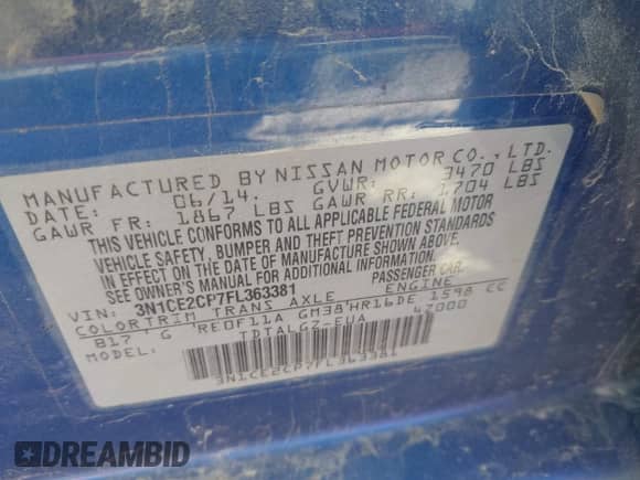 2015 Nissan Note S with VIN 3N1CE2CP7FL363381, listed as a IAAI auction lot 43075695 with 211,559 mi miles and . Bid and sale history available at DreamBid. Image 9.