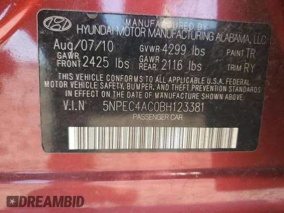 2011 Hyundai Sonata SE z VIN 5NPEC4AC0BH123381, wystawiony jako Copart lot #84361245 z przebiegiem 135 607 mil mil oraz Szkoda całkowita • Salvage title. Historia ofert i sprzedaży dostępna na DreamBid. Obrazek 12.