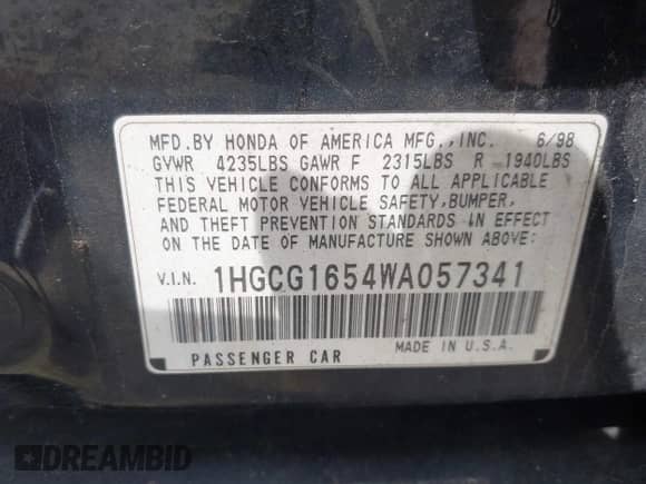 1998 Honda Accord EX z VIN 1HGCG1654WA057341, wystawiony jako IAAI lot #42646441 z przebiegiem 226 200 mil mil oraz . Historia ofert i sprzedaży dostępna na DreamBid. Obrazek 9.