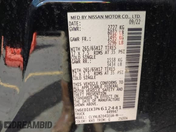 2023 Nissan Frontier SV with VIN 1N6ED1EK3PN612441, listed as a IAAI auction lot 42271300 with 40,217 mi miles and . Bid and sale history available at DreamBid. Image 9.